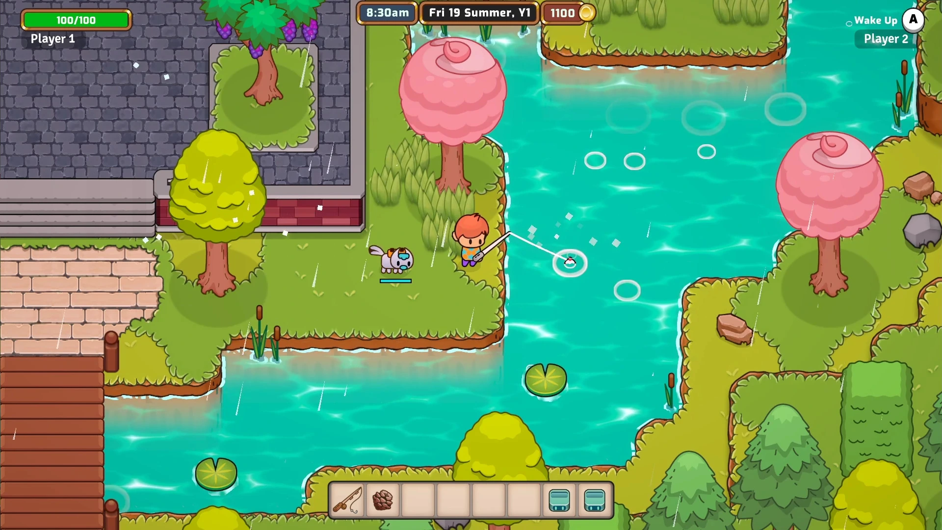 Screenshot from the game Everafter Falls, showing a player character fishing in a river in a pixel-art style, surrounded by green grass, trees with pink and green foliage, and stone paths