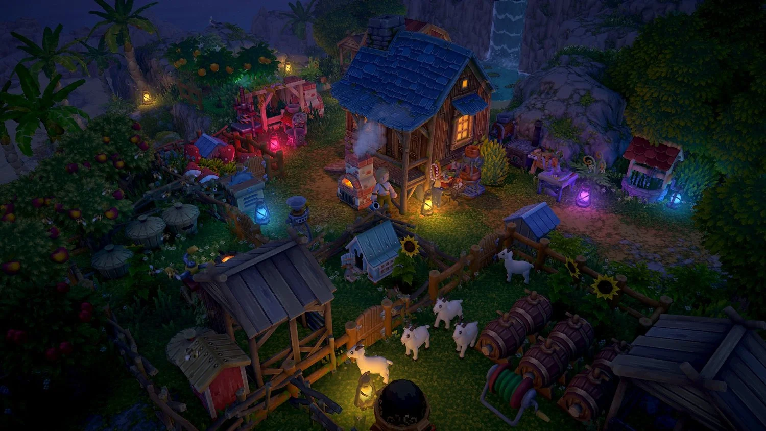 Screenshot of Luma Island at night, showing a cozy, lit-up farm with a house, animals, and tropical plants.