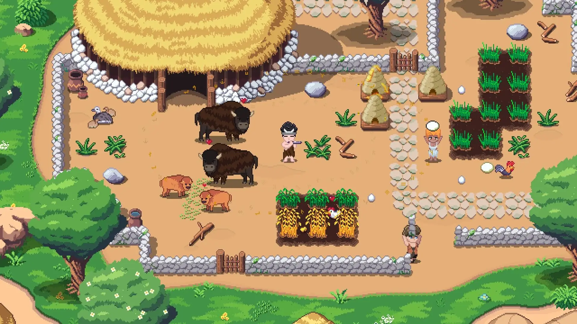 Screenshot from the prehistoric farming and life sim game Roots of Pacha, showing a vibrant pixel-art village with a large thatched hut, ancient crops, various wild animals like bison and boars, and human characters in a primeval setting.
