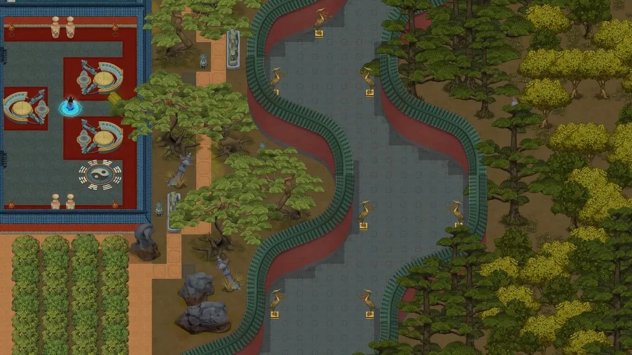 Amazing Cultivation Simulator gameplay screenshot showing a top-down perspective of a beautifully rendered cultivation sect, featuring ornate red and blue buildings, a symmetrical training area, and lush green landscapes.
