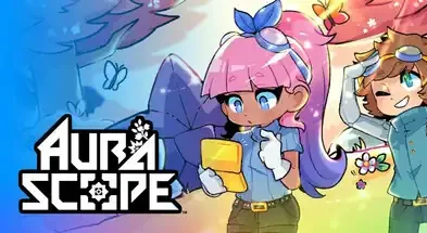 A colorful anime-style image for Aurascope, featuring two characters in a fantasy forest.