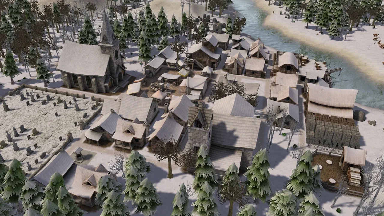 Banished gameplay screenshot depicting a winter scene of a small settlement, with timber and stone buildings, snow-dusted pine trees, and a river winding through the landscape.