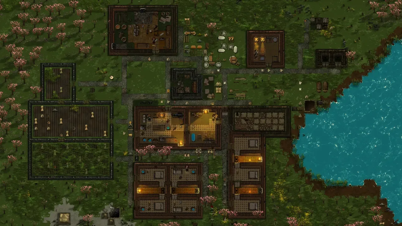 Clanfolk gameplay screenshot depicting a top-down view of a small village with a mix of residential and production buildings, surrounded by fields and a lake, rendered in a rustic art style.