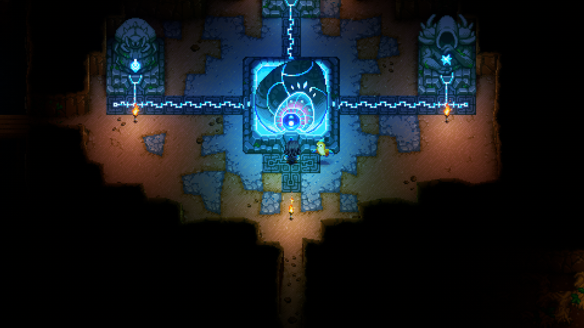 A gameplay screenshot from Core Keeper showing a player character standing in a dimly lit chamber. In the center, the large, glowing blue Core pulsates with light, connected by blue energy lines from three ornate, lit stone statues.