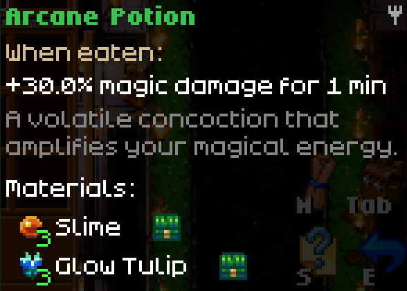 A Core Keeper UI screenshot displaying the "Arcane Potion" item description. Text states it gives "+30.0% magic damage for 1 min," is a "volatile concoction that amplifies your magical energy," and needs "3 Slime" and "3 Glow Tulip" as materials.