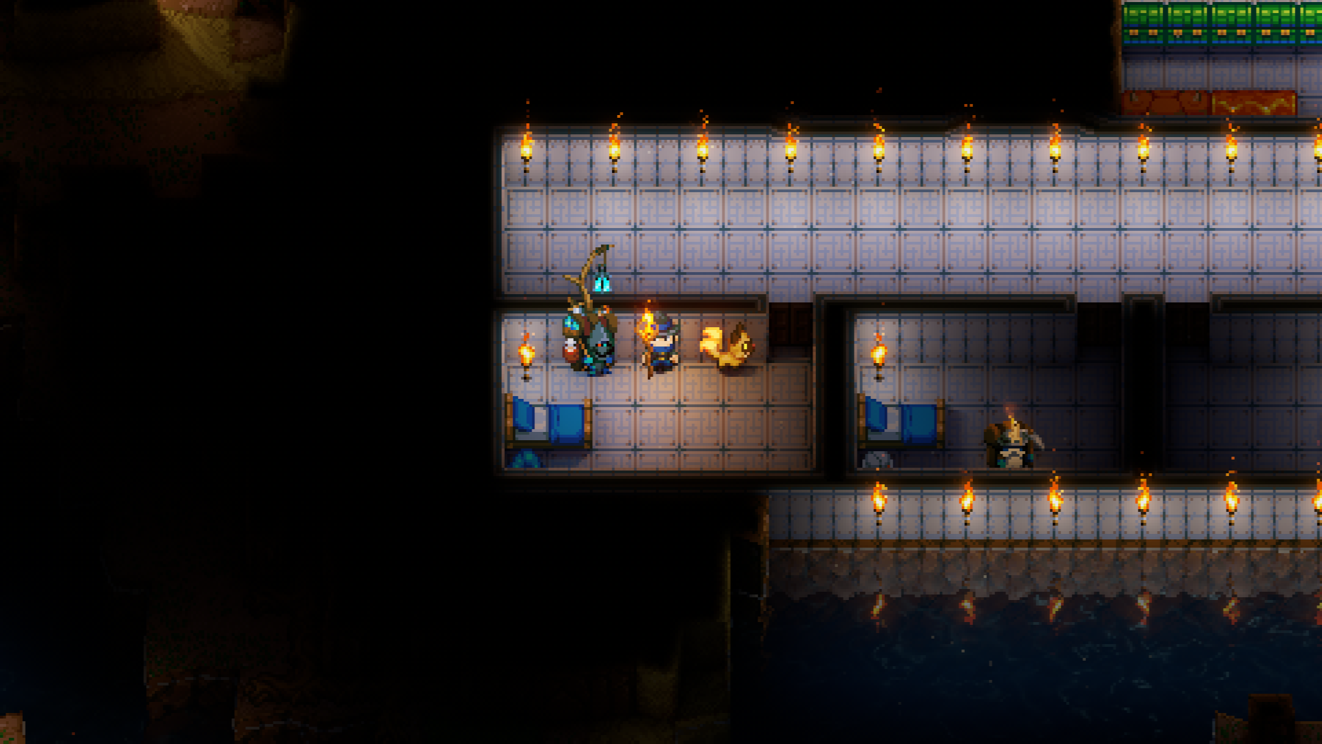 A screenshot from Core Keeper showing a player character standing next to the Cloaked Merchant in a brightly lit underground room with beds and torches.