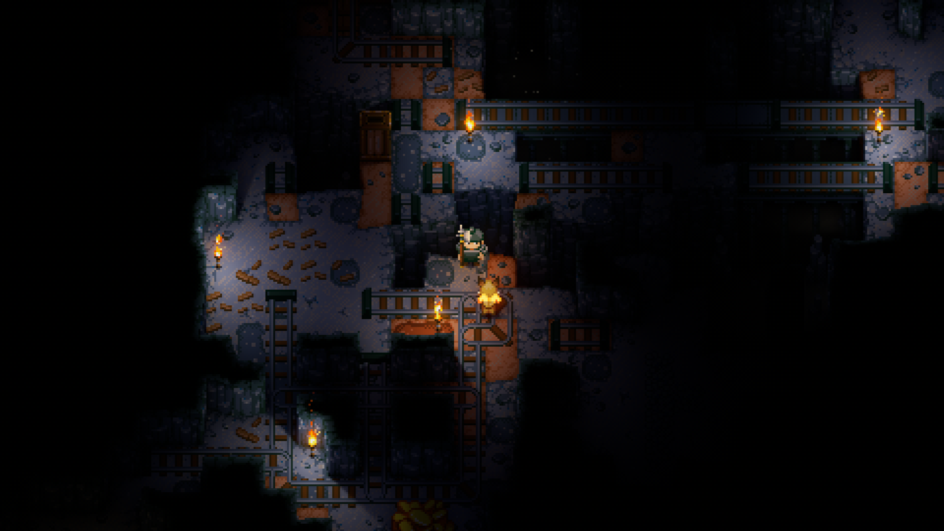 A gameplay screenshot from Core Keeper showing a player character wearing the Cooking Pot armor set, which comprises of a Cooking Pot Lid and Cooking Pot Tub, standing on a stone pathway in a dimly lit area with minecart tracks.