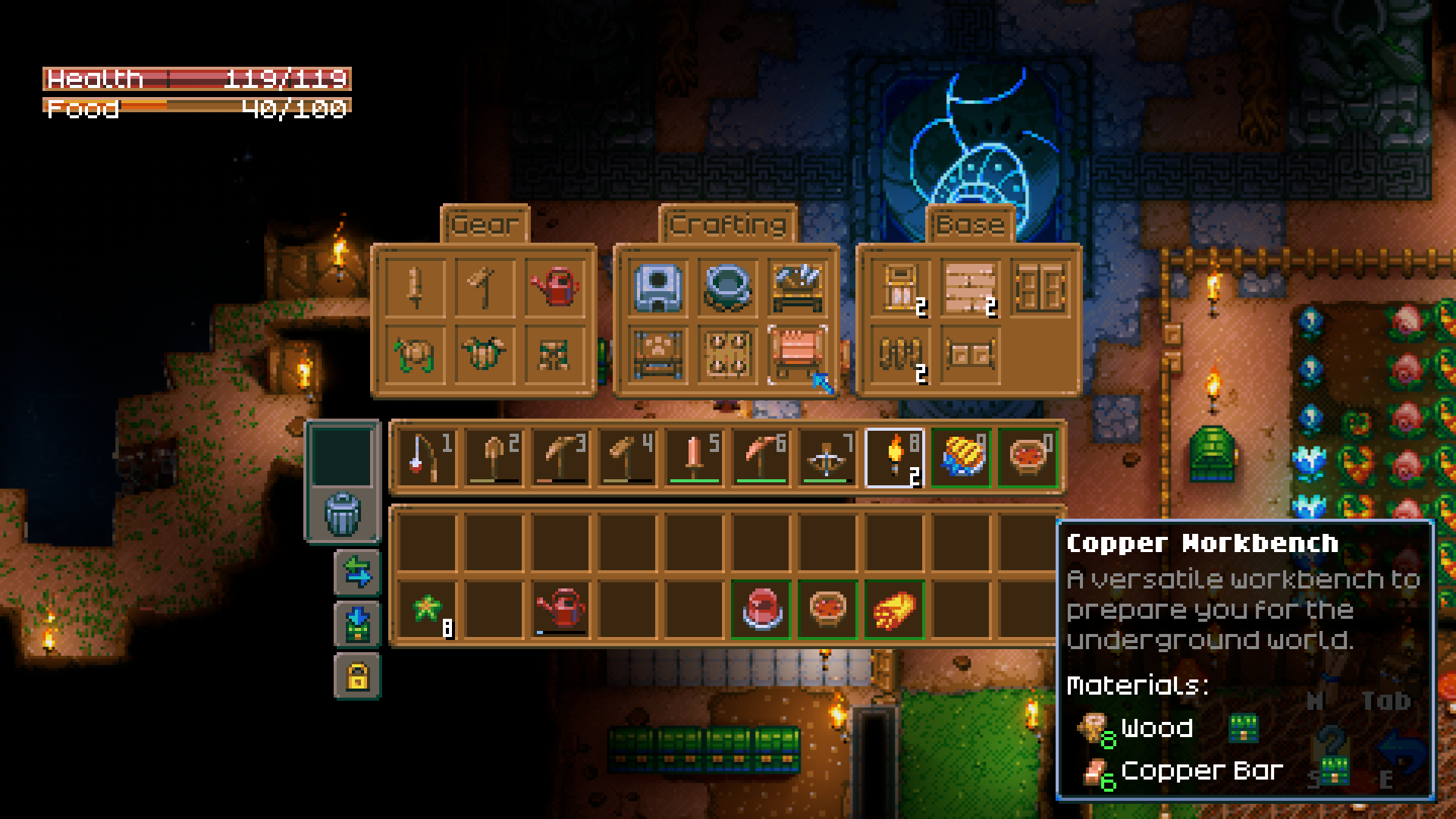 The Core Keeper's Basic Workbench crafting interface is shown, with the recipe for a Copper Workbench highlighted, requiring Wood and Copper Bar. This screen represents the point where players can craft essential upgrades like the Copper Workbench, Cooking Pot, Watering Can, and Salvage and Repair Station to enhance their base and capabilities.