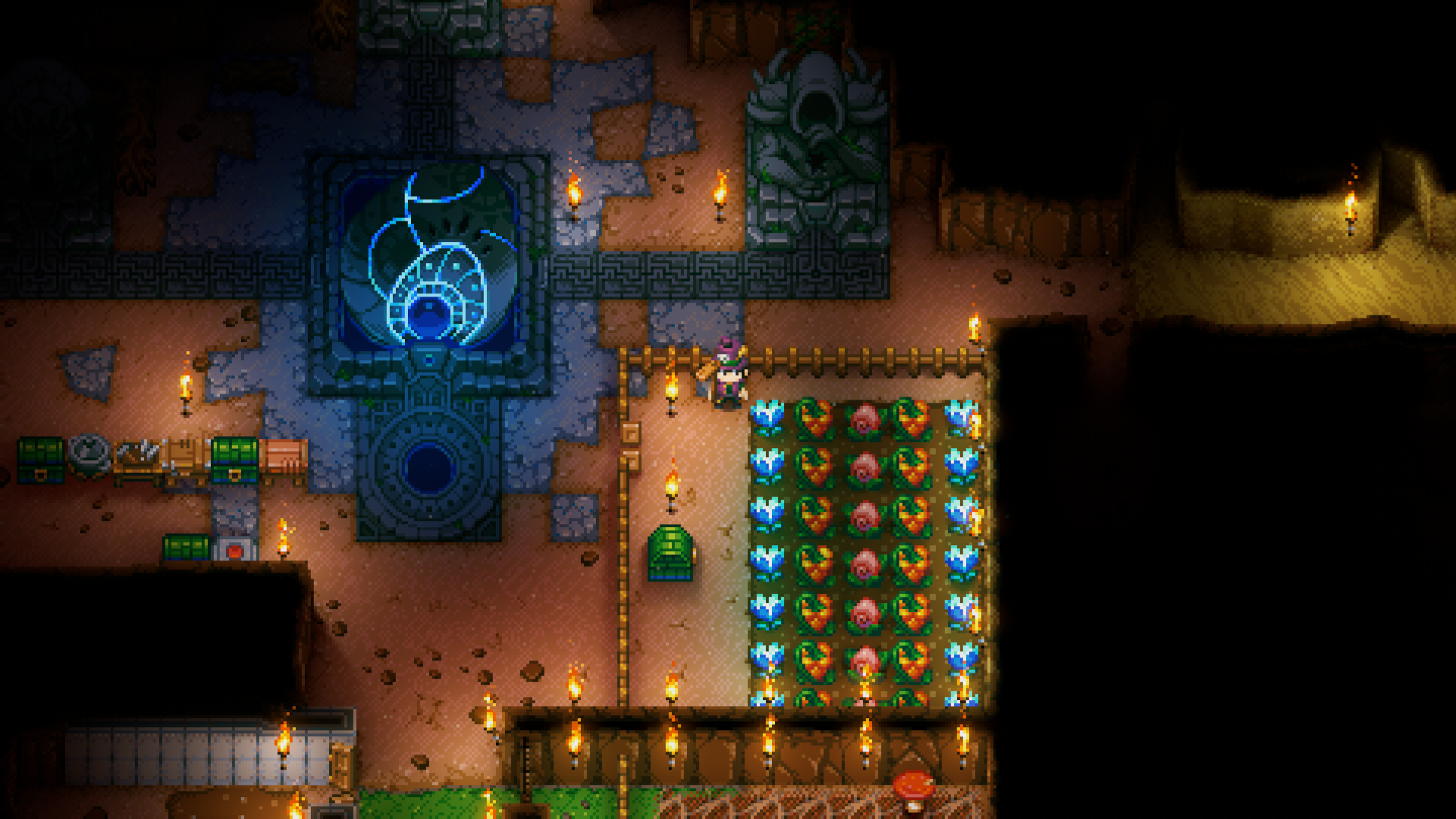 An overhead view in Core Keeper shows a player standing next to a thriving crop farm filled with various plants, located near The Core.