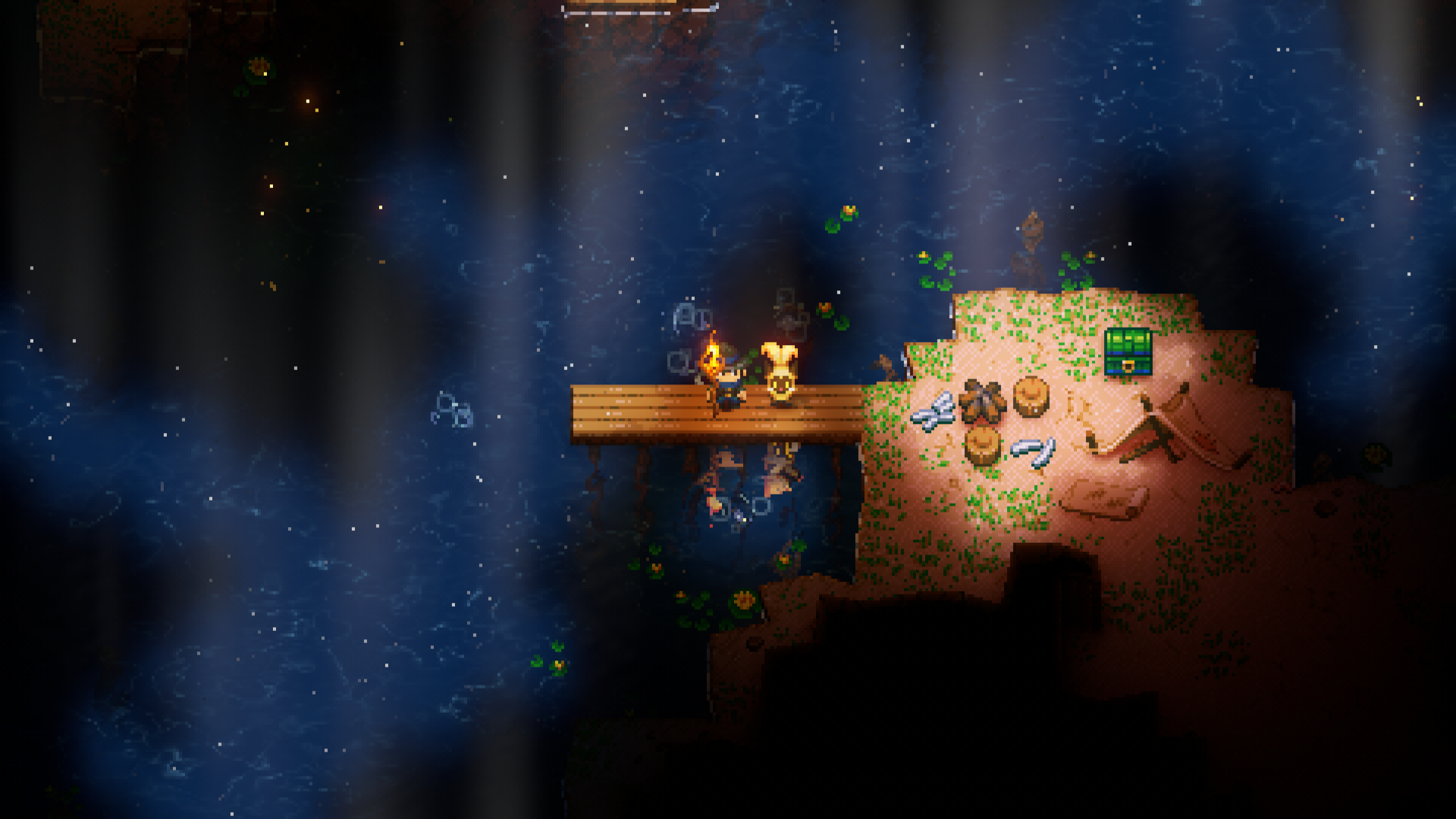 A Core Keeper screenshot showing a player character in an Apprentice Armor Set while holding a Fireball Staff, standing on a wooden pier next to a camp, overlooking a dark body of water.
