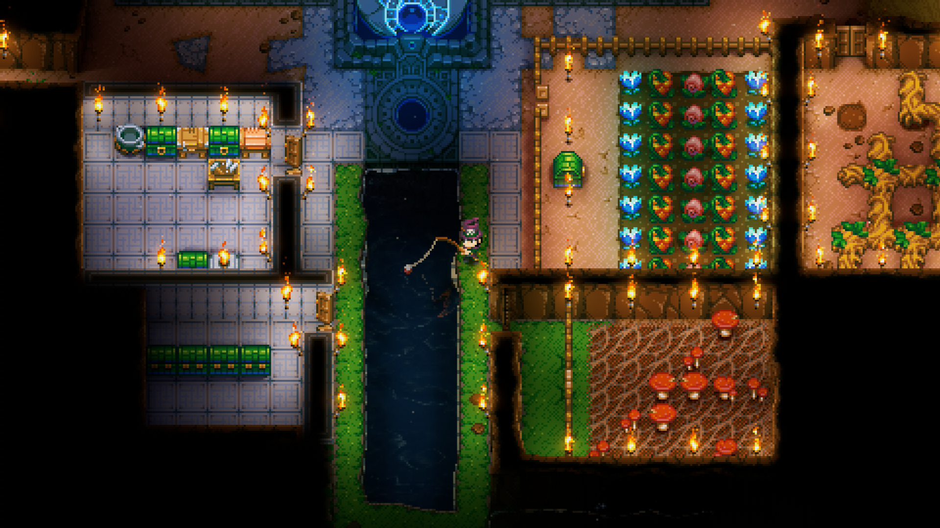 An overhead view of a Core Keeper base shows a player fishing in a long, narrow pond they've created within their illuminated base, surrounded by other essential rooms.