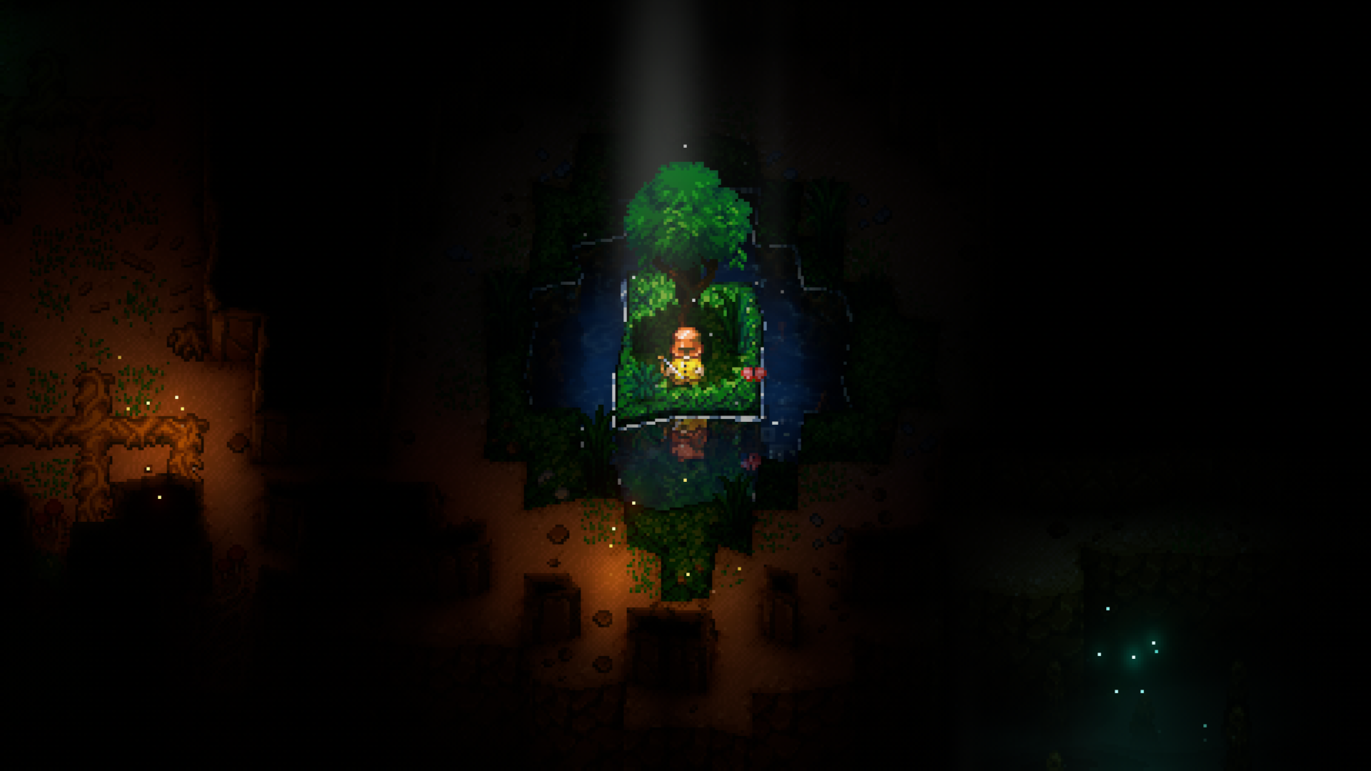 A screenshot from the game Core Keeper shows a fully equipped player character standing in a small, square, brightly lit area in the center of the image. The character is wearing the Copper Helmet, rain armor set and holding a Wood Bow. This central area is surrounded by water and lush green foliage, including a large tree directly behind the player, all illuminated by a strong beam of light from above.