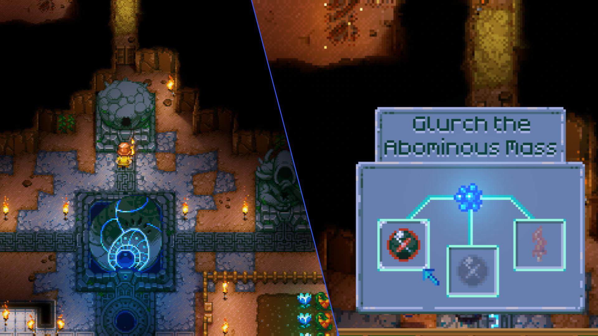 Core Keeper gameplay screenshot divided into two halves: the left displaying the Glurch Statue, and the right showing a UI screen when interacting with the Glurch Statue displaying various craftable items including the Ghorm the Devourer Scanner.