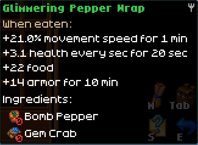 An in-game screenshot from Core Keeper displays the item description for "Glimmering Pepper Wrap." Below the title, under "When eaten:", the following effects are listed: "+21.0% movement speed for 1 min", "+3.1 health every sec for 20 sec", "+22 Food", and "+14 armor for 10 min". Below "Ingredients:", two ingredients are listed with their icons: "Bomb Pepper" and "Gem Crab."