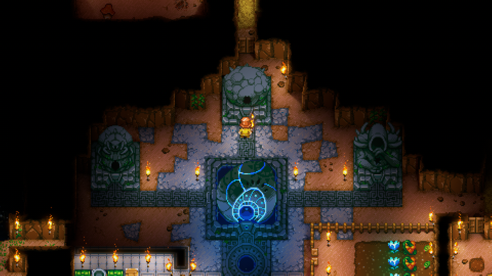 A screenshot from the game Core Keeper depicts a player character standing in front of the 'Glurch the Abominous Mass' statue.