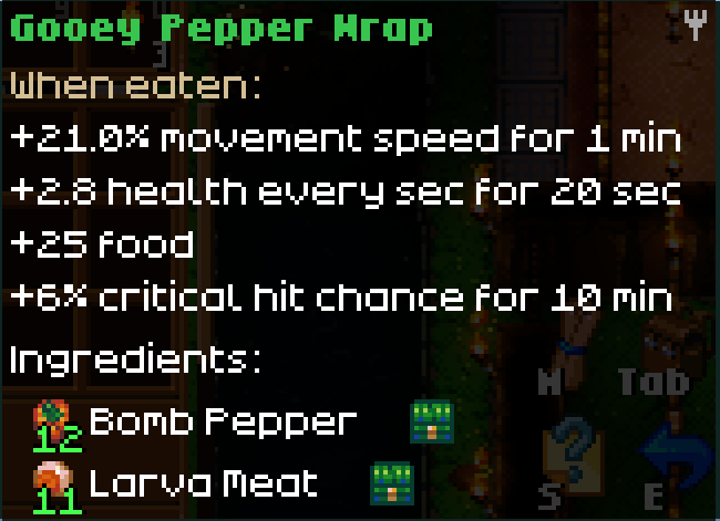 A Core Keeper UI screenshot showing the "Gooey Pepper Wrap" item description. Text lists benefits including "+21.0% movement speed for 1 min," "+2.8 health every sec for 20 sec," "+25 Food," and "+6% critical hit chance for 10 min." Ingredients are "12 Bomb Pepper" and "11 Larva Meat."