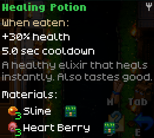 A Core Keeper UI screenshot showing the "Healing Potion" item description. Text indicates it provides "+30% health," has a "5.0 sec cooldown," and is a "healthy elixir that heals instantly. Also tastes good." Materials required are "3 Slime" and "3 Heart Berry."