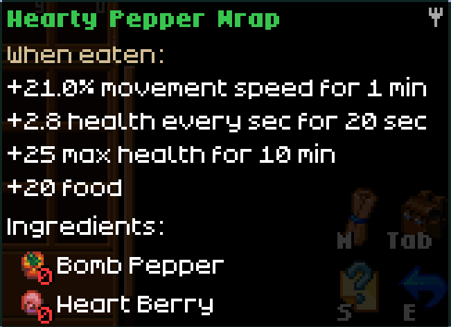 An in-game screenshot from Core Keeper displays the item description for "Hearty Pepper Wrap." Below the title, under "When eaten:", the following effects are listed: "+21.0% movement speed for 1 min", "+2.8 health every sec for 20 sec", "+25 max health for 10 min", and "+20 Food". Below "Ingredients:", two ingredients are listed with their icons: "Bomb Pepper" and "Heart Berry."