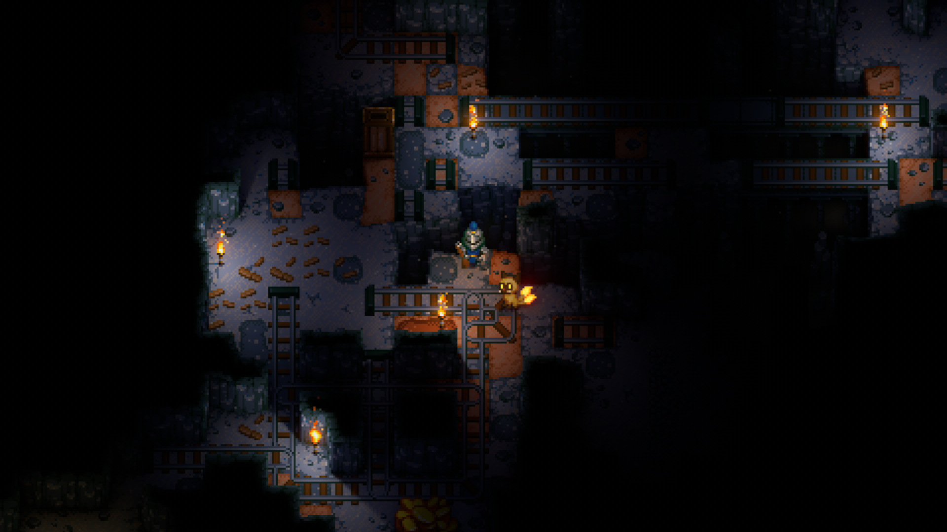 A gameplay screenshot from Core Keeper showing a player character wearing a full set of Iron Armor, holding a Flintlock Musket, standing on a stone pathway in a dimly lit area with minecart tracks.