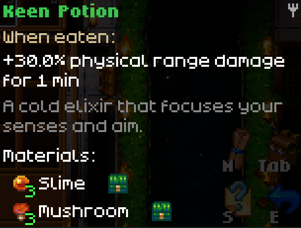 A Core Keeper UI screenshot showing the "Keen Potion" item description. Text indicates it provides "+30.0% physical range damage for 1 min," is a "cold elixir that focuses your senses and aim," and requires "3 Slime" and "3 Mushroom" to craft.