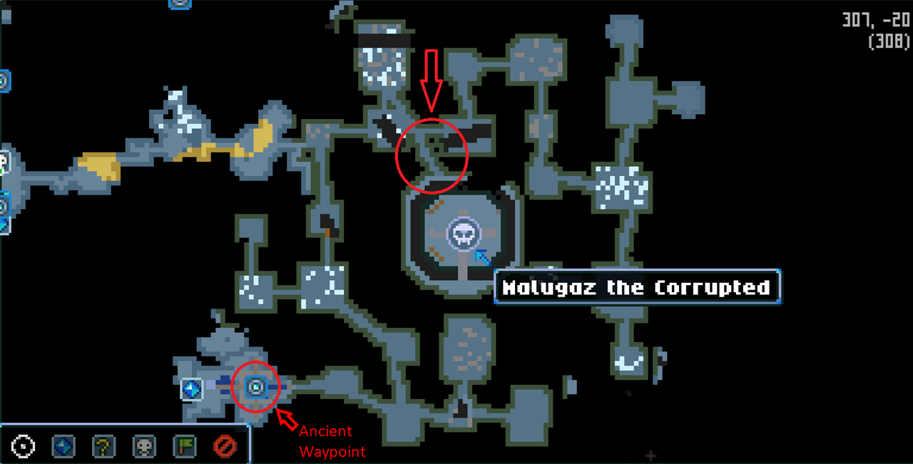 A cropped gameplay screenshot of the Core Keeper in-game map, focusing on a section of the underground. A red circle near the middle highlights a narrow, easily-missed passage that leads to the center of the dungeon, while a red circle near the bottom left highlights the Ancient Waypoint. The center is labeled "Malugaz the Corrupted," which is identified as the Caveling Throneroom at the center of the Forgotten Ruins biome.