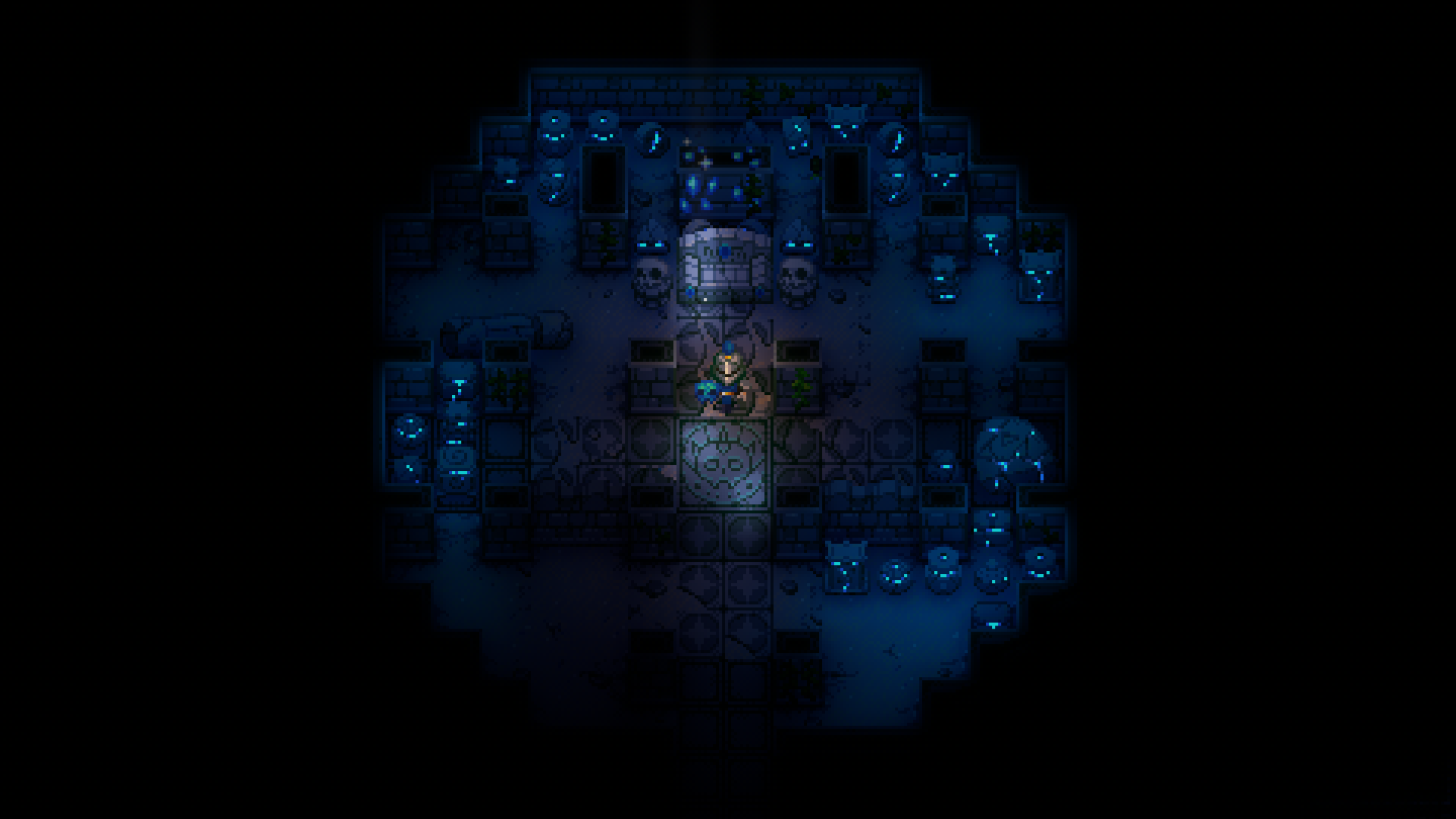 Core Keeper gameplay screenshot of the chamber of Malugaz the Corrupted, a ritualistic-looking area with a player character at its center, surrounded by dozens of glowing blue ancient chests and dark stone structures.