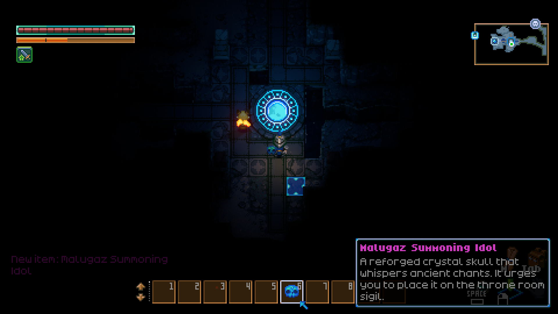 Core Keeper gameplay screenshot of a player's inventory showing the "Malugaz Summoning Idol," described as "A reforged crystal skull that whispers ancient chants. It urges you to place it on the throne room sigil." The idol itself is a glowing blue skull.
