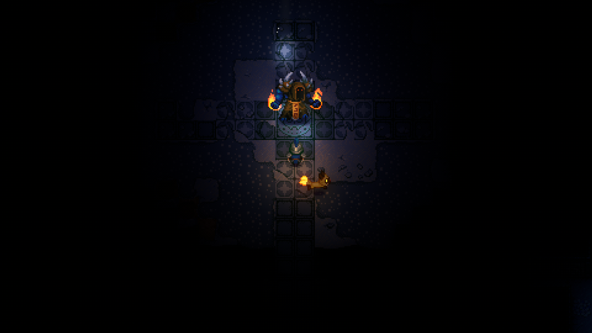 A gameplay screenshot from Core Keeper showing a player character in a dark, stone-tiled Throne Room, facing the boss Malugaz the Corrupted.