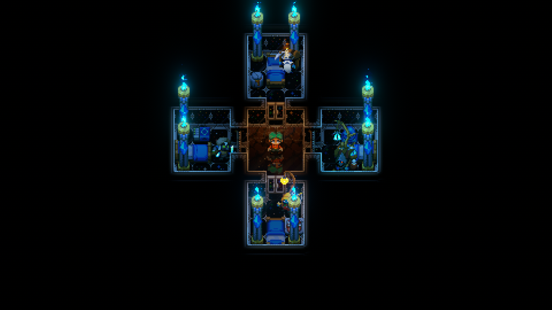 A screenshot from the game Core Keeper depicts a cross-shaped central room connected to four smaller, single-room extensions, resembling a plus sign. The central room features a player character. Each of the four radiating rooms contains a unique merchant NPC, a bed, and is illuminated by tall, glowing blue torches that emit an ethereal light. The floor tiles are dark and shimmering, creating a sense of being underground or in a magical space. The areas outside of the rooms are completely dark.