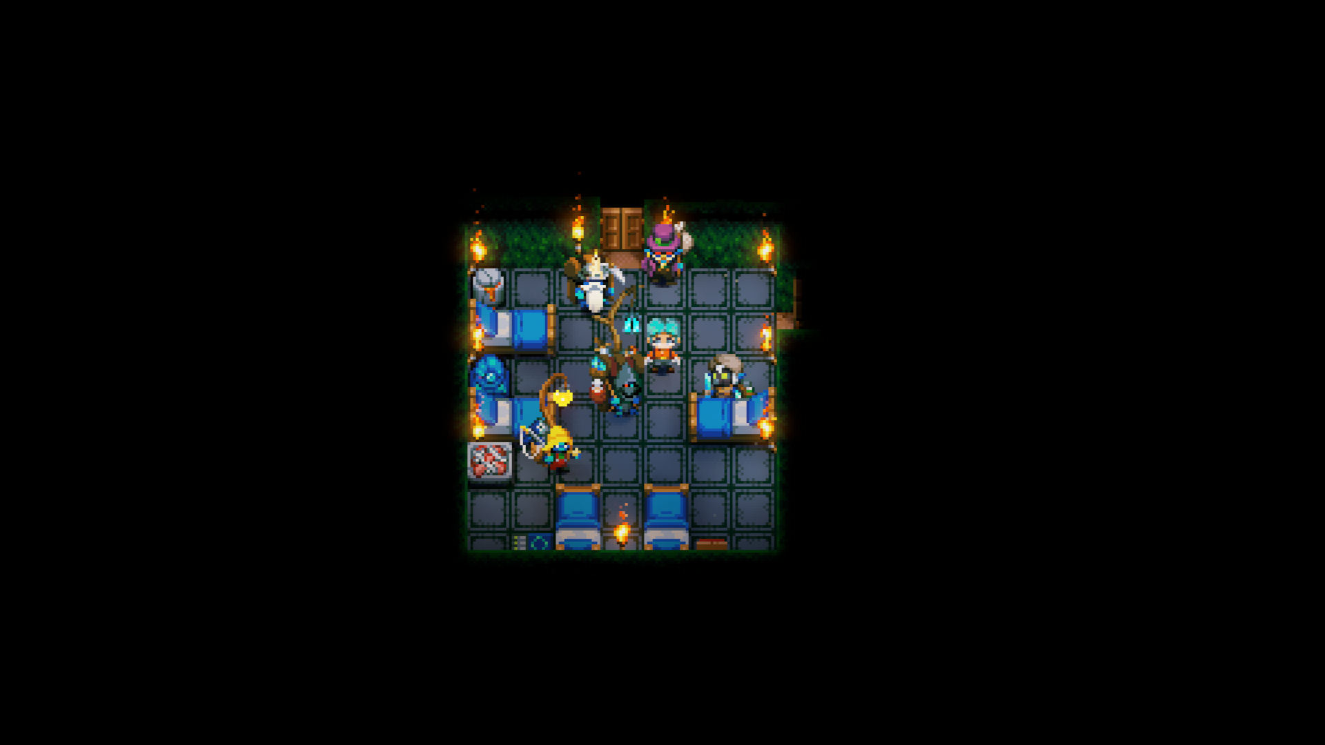 A screenshot from the game Core Keeper shows a rectangular, well-lit room with tiled floors and grass block walls. The room is densely packed with five different merchant characters, each with their distinct appearance. There are multiple beds scattered around the room, along with several torches providing light. A wooden door is visible at the top of the room. The areas outside the room are completely dark.