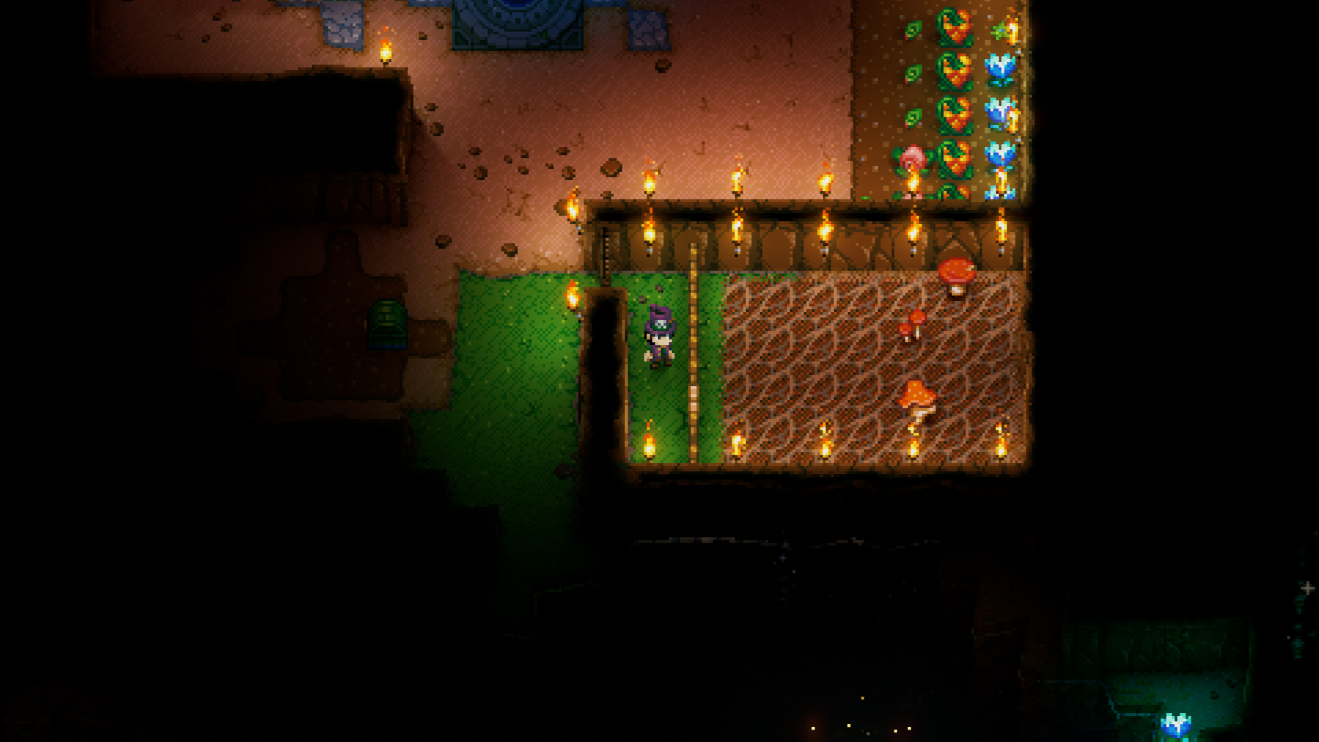 An overhead view in Core Keeper shows a player standing next to a dedicated mushroom farm with a Shrooman and several mature mushrooms growing on fungal soil, separated by walls from other areas