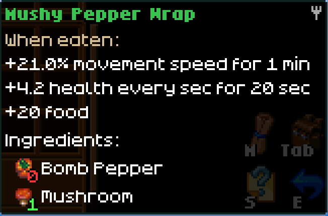 An in-game screenshot from Core Keeper displays the item description for "Mushy Pepper Wrap." Below the title, under "When eaten:", the following effects are listed: "+21.0% movement speed for 1 min", "+4.2 health every sec for 20 sec", and "+20 Food". Below "Ingredients:", two ingredients are listed with their icons: "Bomb Pepper" and "Mushroom."