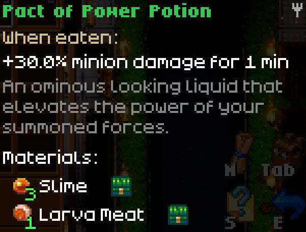 A Core Keeper UI screenshot showing the "Pact of Power Potion" item description. Text indicates it grants "+30.0% minion damage for 1 min," is an "ominous looking liquid that elevates the power of your summoned forces," and requires "3 Slime" and "1 Larva Meat."