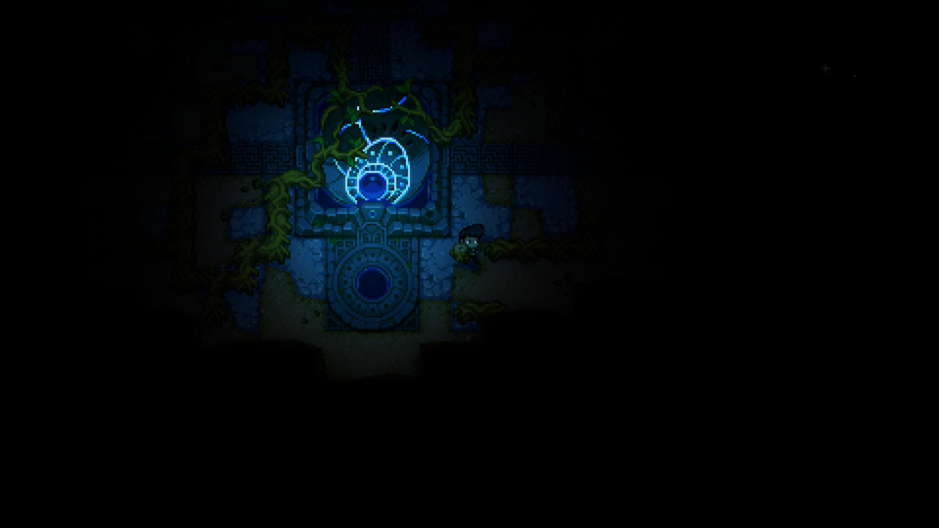 In the dim light of Core Keeper's starting biome, a player character stands before the pulsing, blue-lit Core. This central hub marks the beginning of their journey to establish a base and gather essential resources, including wood from the surrounding environment.