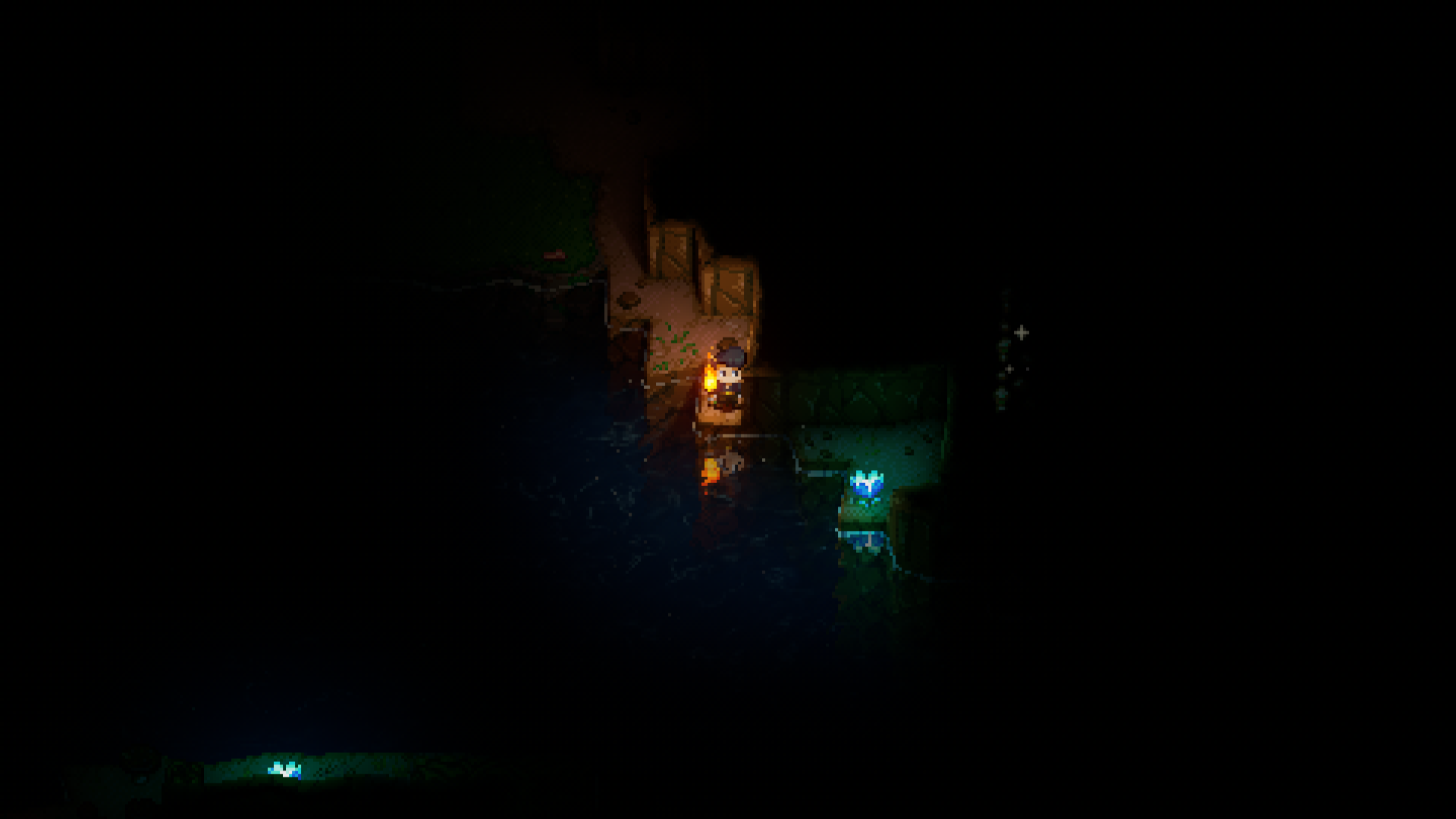 A Core Keeper player, illuminated by a torch, stands near water tiles and what appears to be a Glow Tulip plant in a dark, excavated area. This illustrates early exploration for food sources and resources in the game.