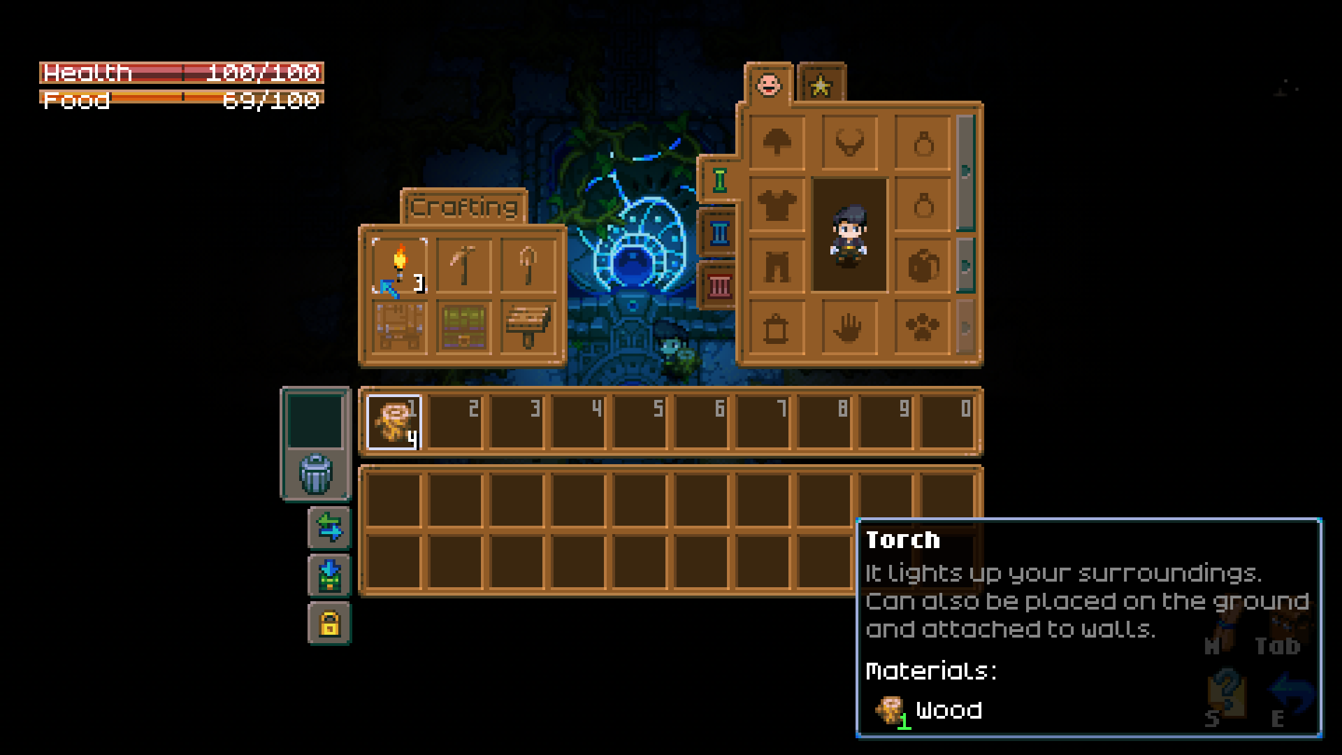 A Core Keeper player's inventory and crafting interface are open, showing the recipe for a Torch requiring Wood. This screen illustrates the process of crafting essential early-game tools like the Torch, Wood Shovel, Wood Pickaxe, and Basic Workbench.