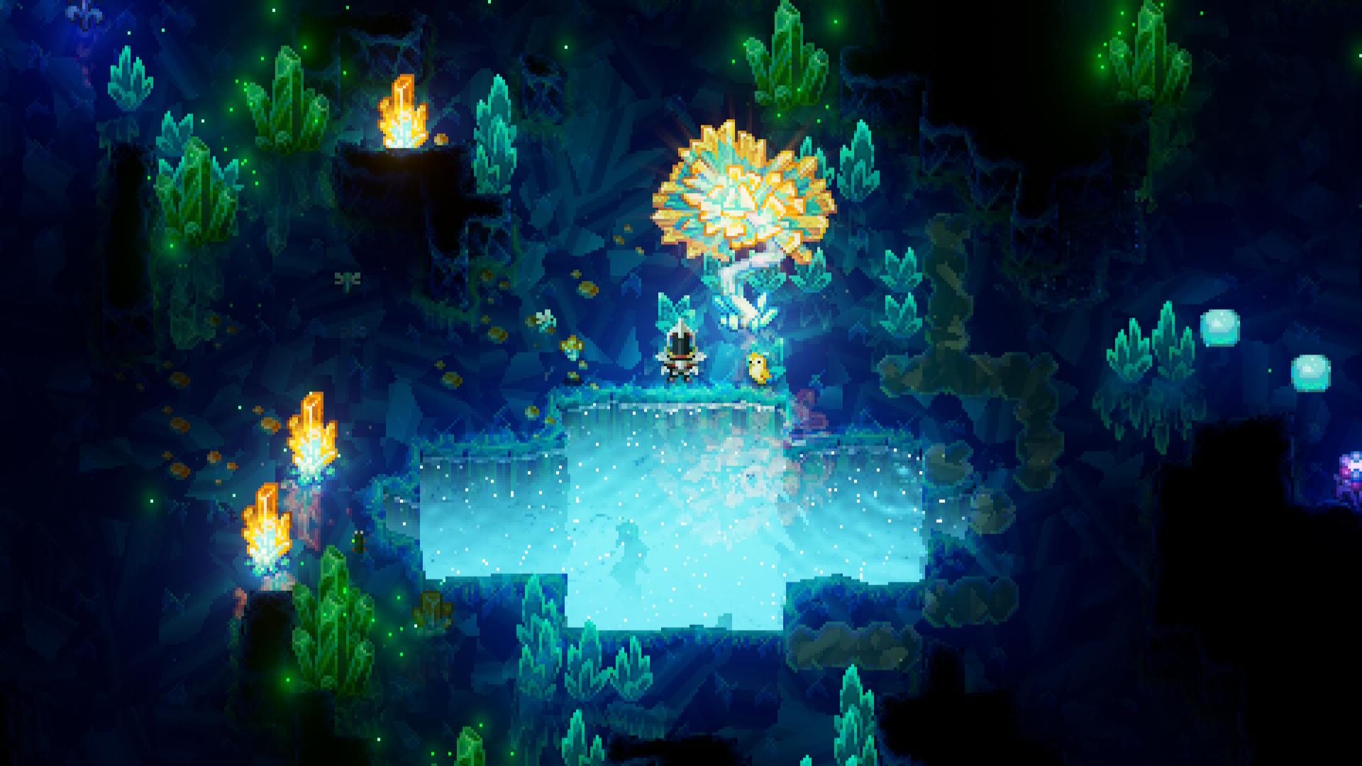 In a top-down, pixel art screenshot from Core Keeper's Shimmering Frontier biome, a player character stands over a glowing blue pool. The cavernous environment is filled with an abundance of vibrant blue and green crystals, and a prominent, radiant tree with golden leaves dominates the center. The scene highlights the unique aesthetic and bioluminescent qualities of this particular biome.