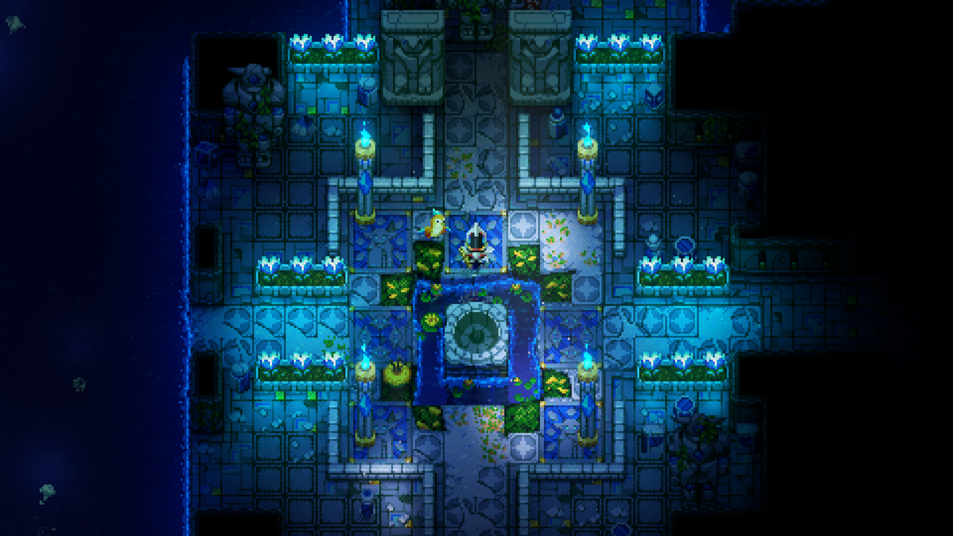 A Core Keeper player character stands in a large, intricate ruin within the glowing blue Sunken Sea biome, surrounded by ancient, waterlogged structures and ornate decorations.