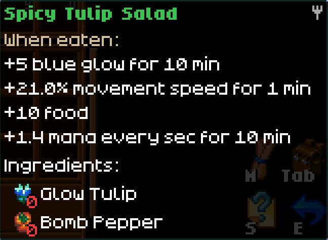 An in-game screenshot from Core Keeper displays the item description for "Spicy Tulip Salad." Below the title, under "When eaten:", the following effects are listed: "+5 blue glow for 10 min", "+21.0% movement speed for 1 min", "+10 food", and "+1.4 mana every sec for 10 min". Below "Ingredients:", two ingredients are listed with their icons: "Glow Tulip" and "Bomb Pepper."