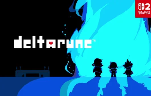 A promotional image for Deltarune, showing three silhouetted characters before a large blue flame.