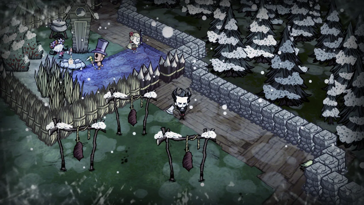 A snowy scene in Don't Starve Together, showing the playable characters Wilson, WX-78, Wendy, and Willow in a camp, with meat drying racks, and pine trees in the background.
