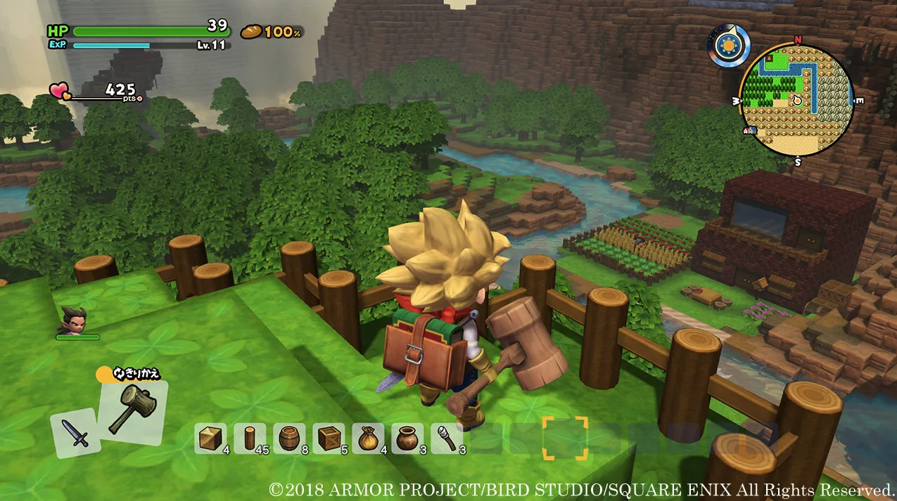 A character with a large wooden hammer in Dragon Quest Builders 2 stands on a wooden platform overlooking a valley with a river, a small farm, and blocky mountains in the background.