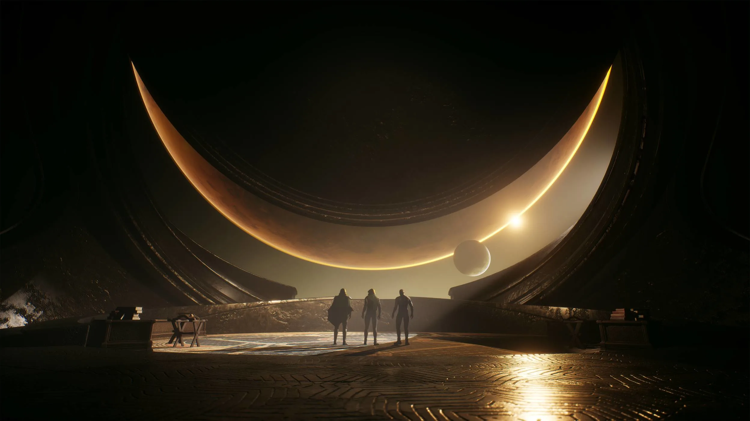 Three figures stand silhouetted on a platform with a giant crescent structure in front of them, showcasing two planets and a bright sun in the game Dune: Awakening.
