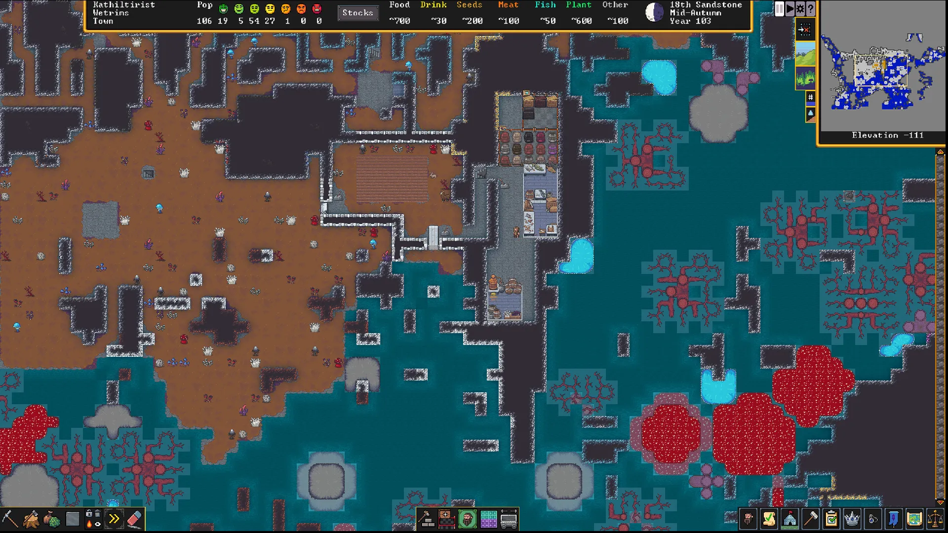 Dwarf Fortress screenshot displaying various biomes, including dirt, stone, water, and fungal areas, with a central constructed fort section.