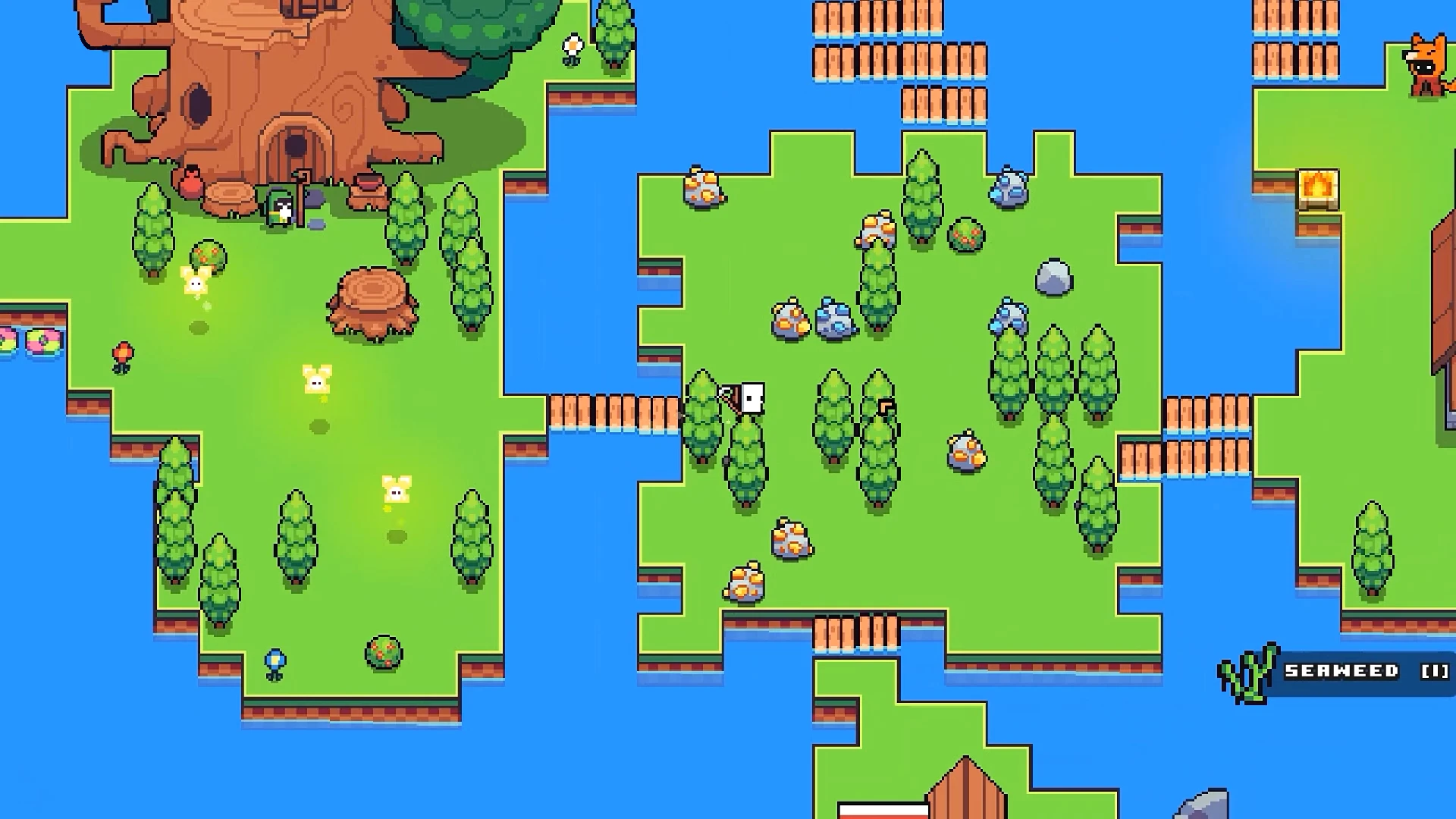 An overhead pixel art view of a green island with trees, rocks, and a giant tree house, surrounded by blue water in the game Forager.