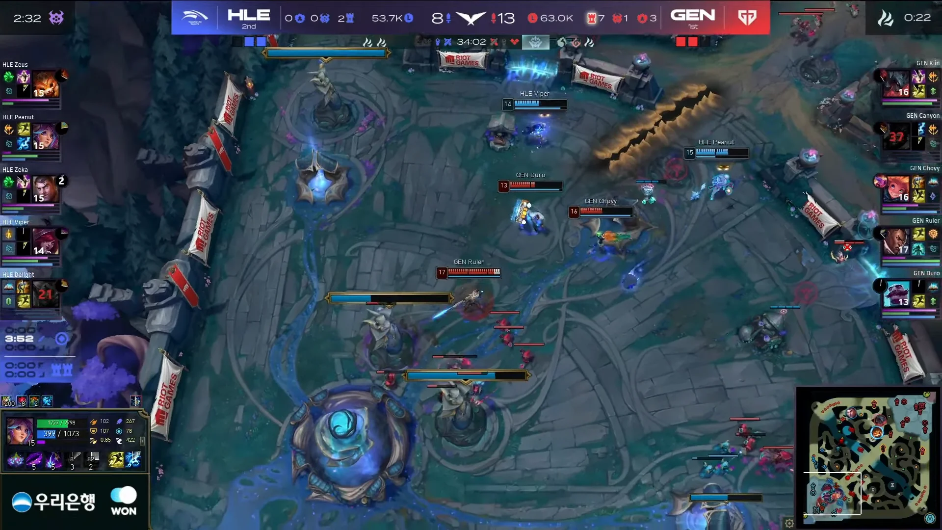 Generation Gaming's (Gen.G) Ruler, seizing the opportunity, began sieging Hanhwa Life Esports's (HLE) nexus towers, which would ultimately lead to Gen.G's victory in Gen.G vs HLE LCK 2025 Road to MSI Playoff Showdown.