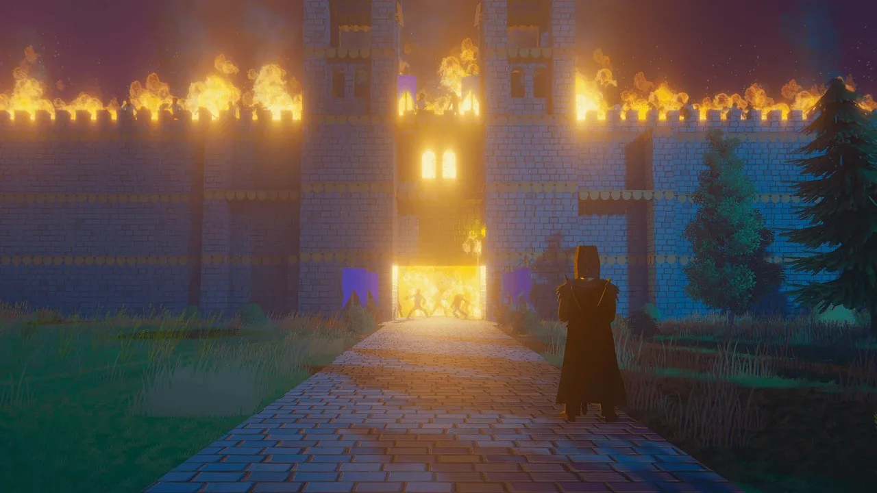 A screenshot from Going Medieval featuring a medieval castle wall and gatehouse engulfed in flames at night, with a lone figure standing on a stone path facing the inferno.