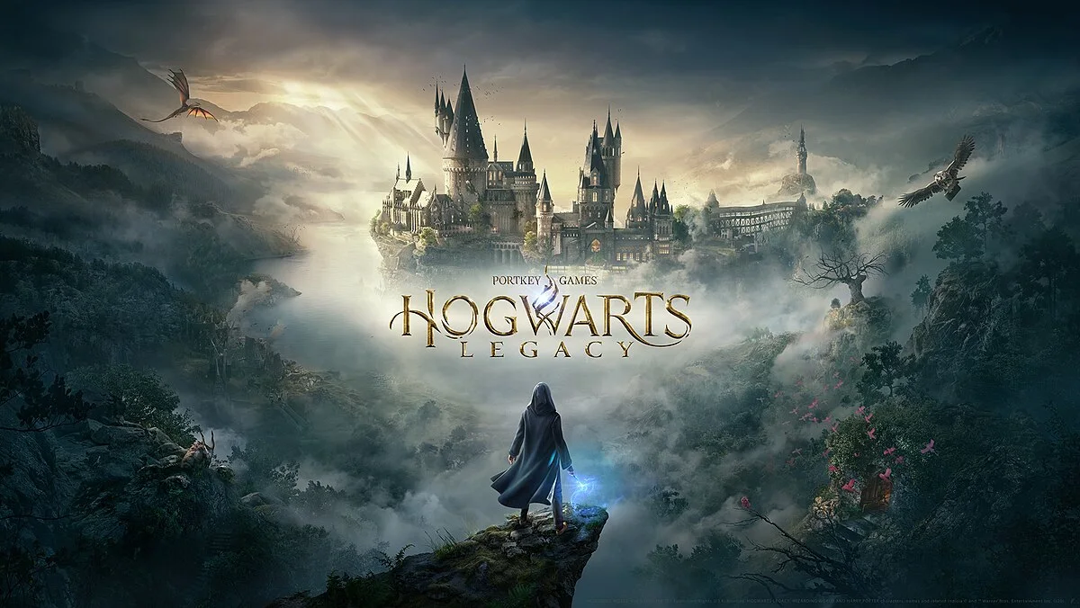 The key art for Hogwarts Legacy, showing a character in a dark cloak standing on a cliff, facing the majestic Hogwarts Castle nestled amidst misty mountains, with a dragon and an owl flying in the magical sky.