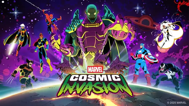 Promotional artwork for Marvel Cosmic Invasion, featuring various Marvel heroes and villains.