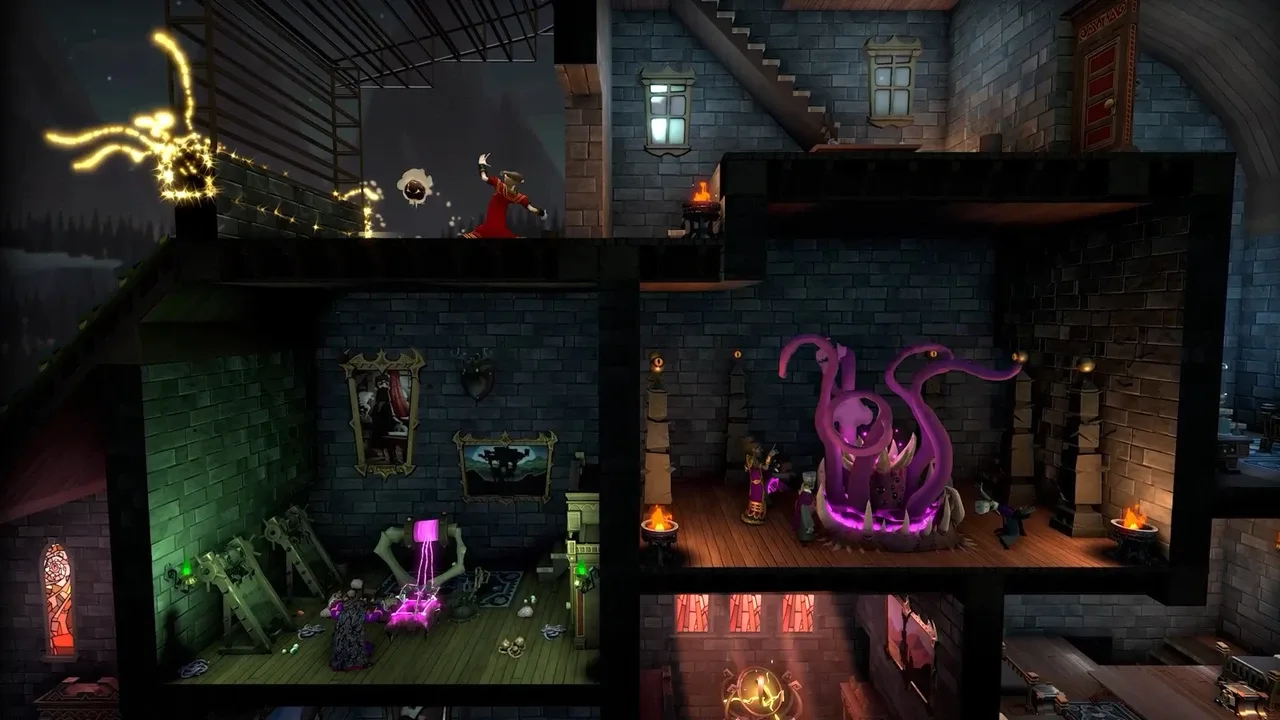 Mind Over Magic gameplay screenshot displaying different rooms within a gothic-style building, featuring a large purple Eldritchian entity, a character casting a spell, and spooky decor.